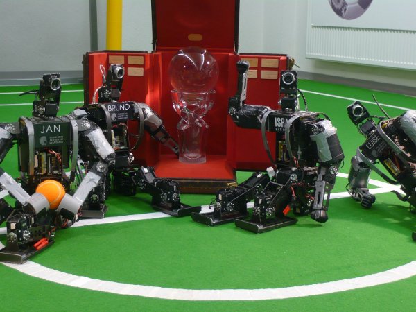 Two soccer playing humanoid robots.